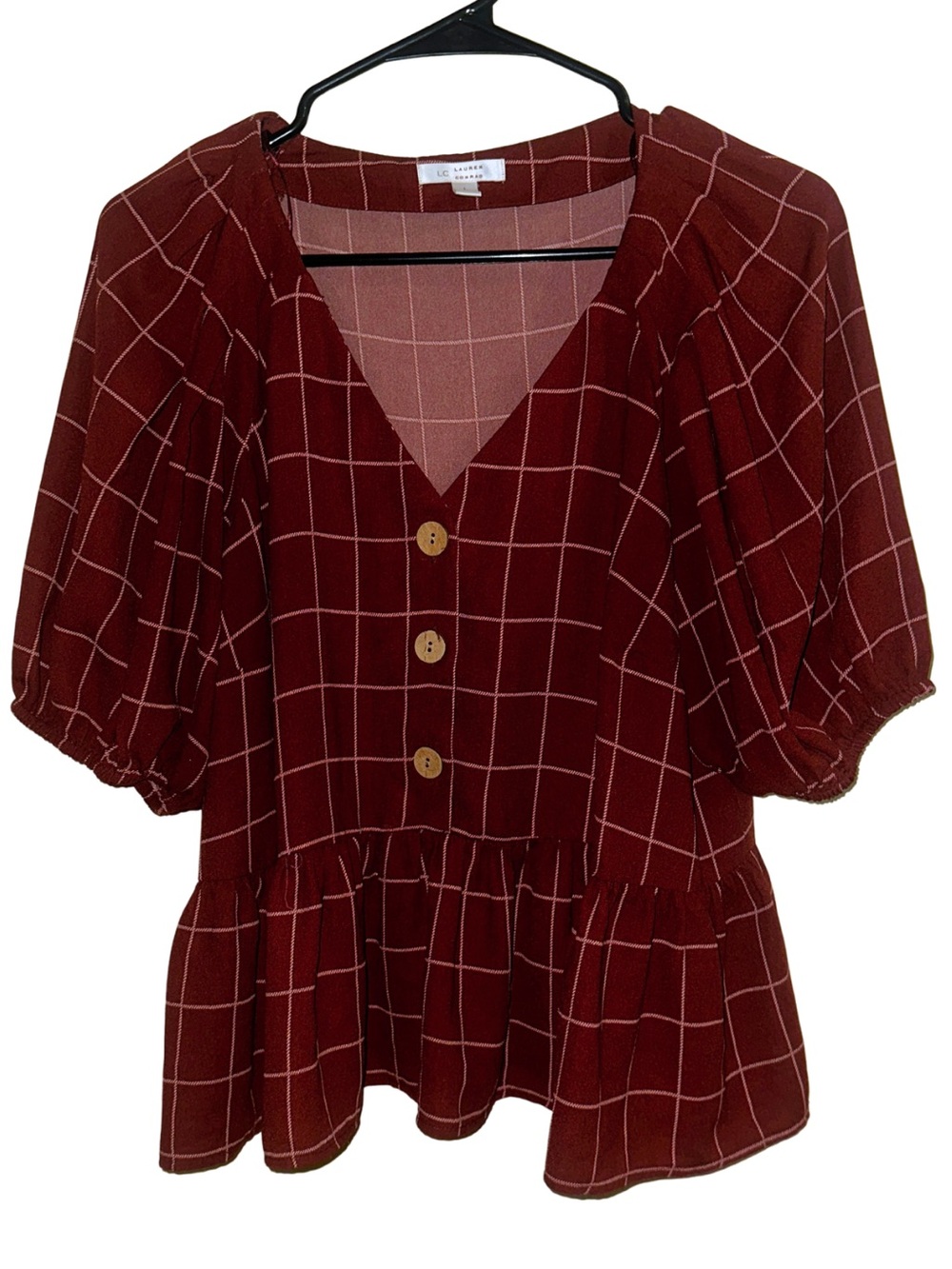 LC Lauren Conrad Burgundy Button Front Peplum Top
